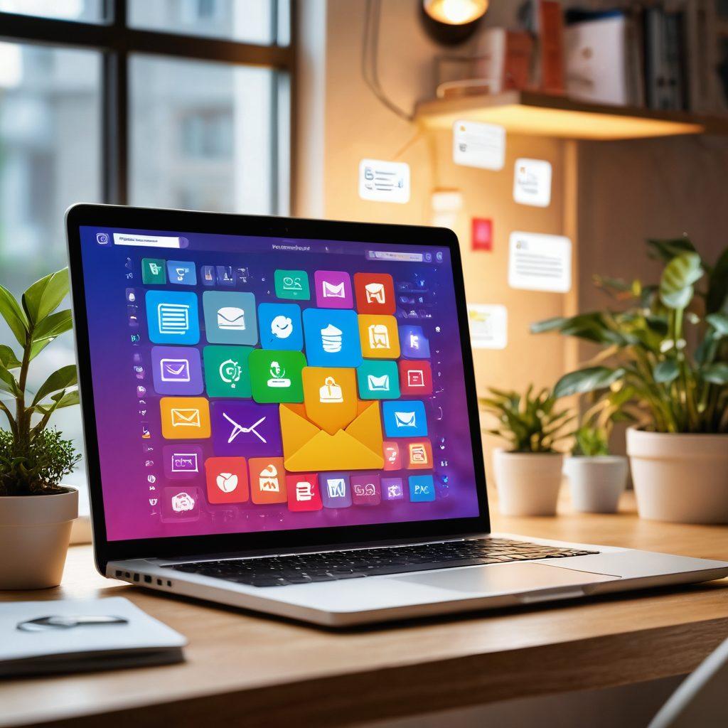 An opened laptop displaying a neatly organized email inbox filled with colorful, engaging emails. Around the laptop, there are animated icons representing user engagement, such as thumbs up and chat bubbles. In the background, a cozy office environment with plants and warm lighting enhances the atmosphere of productivity and creativity. The overall theme suggests a transformation from chaos to clarity. vibrant colors. super-realistic.