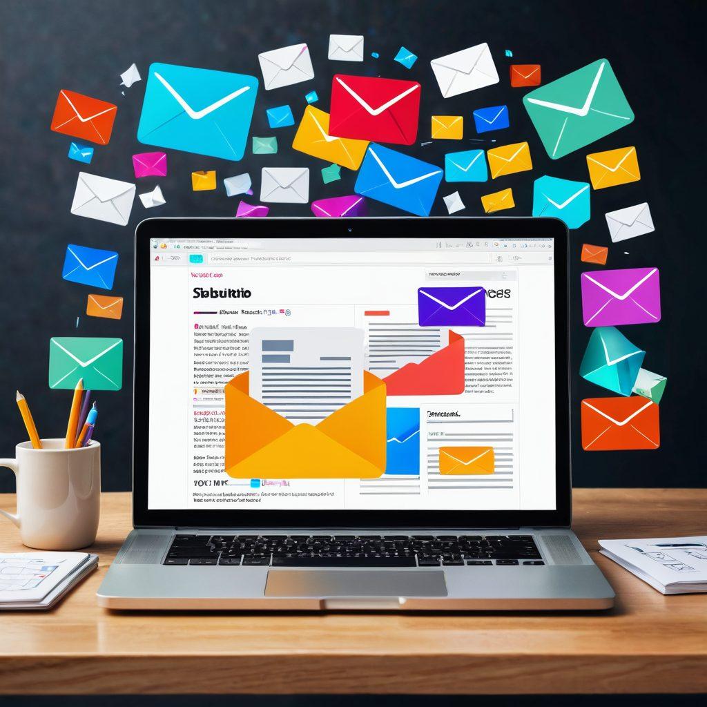 A neatly organized digital workspace featuring an open laptop displaying an overflowing email inbox, surrounded by colorful subscription icons (like newsletters, promotions, and updates) gently swirling around. A calm, focused individual, resembling a young professional, is actively managing their subscriptions with an expression of satisfaction. Include elements representing user engagement, like thumbs-up and share buttons, in a cohesive layout. super-realistic. vibrant colors. clean background.