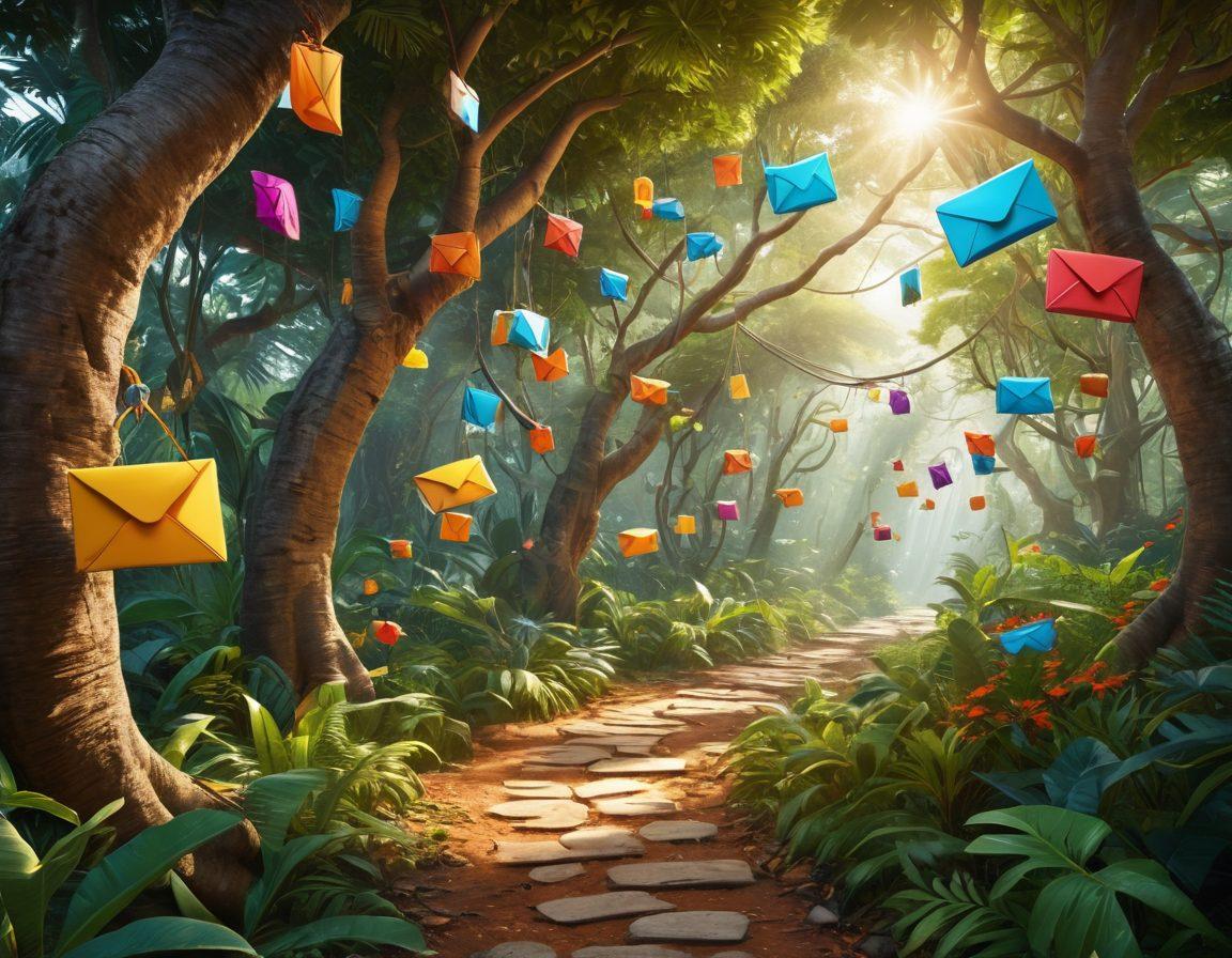 A whimsical jungle scene filled with giant colorful emails hanging from vibrant trees, each depicting different subscription icons. A diverse group of adventurers, equipped with navigation tools, are actively exploring, with expressions of curiosity and determination. Sunlight filters through the foliage, illuminating the path ahead as they encounter various user preference signs along the way. The jungle atmosphere should be lively and engaging, inspiring readers about managing their email subscriptions. vibrant colors. cartoonish style.